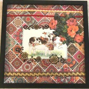 Boho Cow with Floral Handmade Farm Collage Framed Picture Bohemian Wall Art